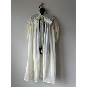 Vintage 70s Berkshire Sheer Peignoir Robe Embroidered Bow Tie Hostess Duster